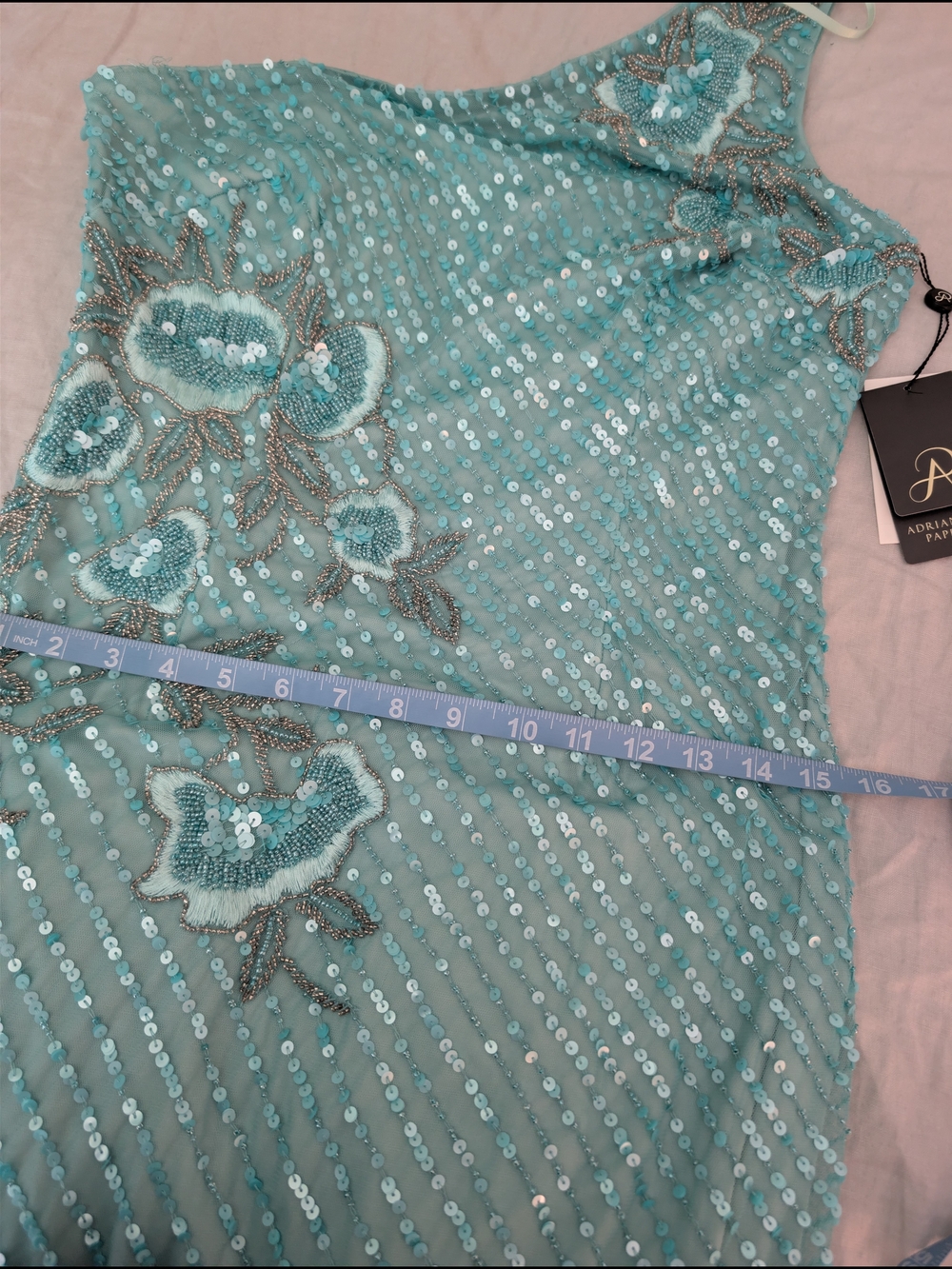 NWT Adrianna Papell Aqua Floral Sequin One Shoulder Gown 8 - Picture 8 of 9
